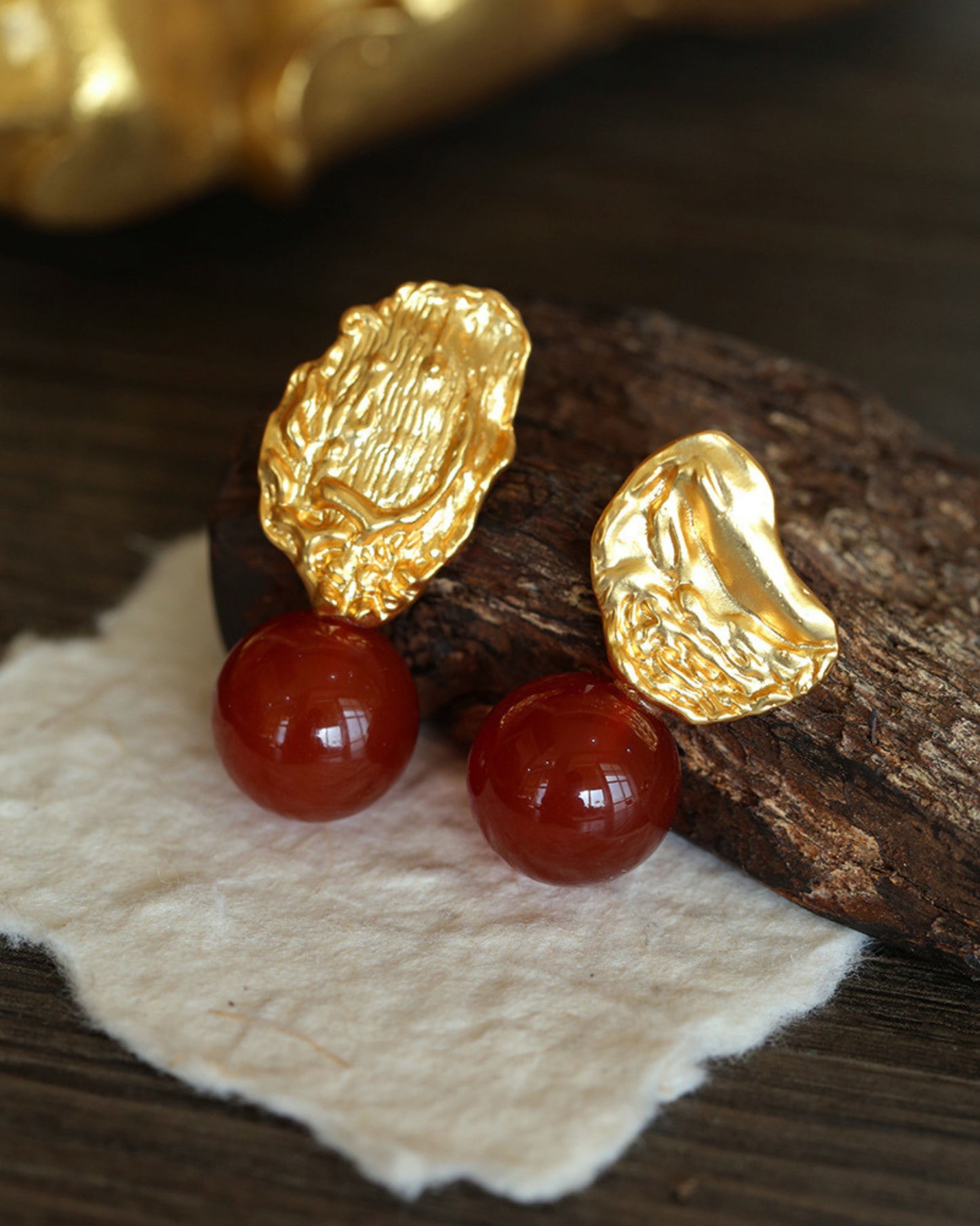 Gold_Carnelian_Asymmetry_Glow_Earrings_1