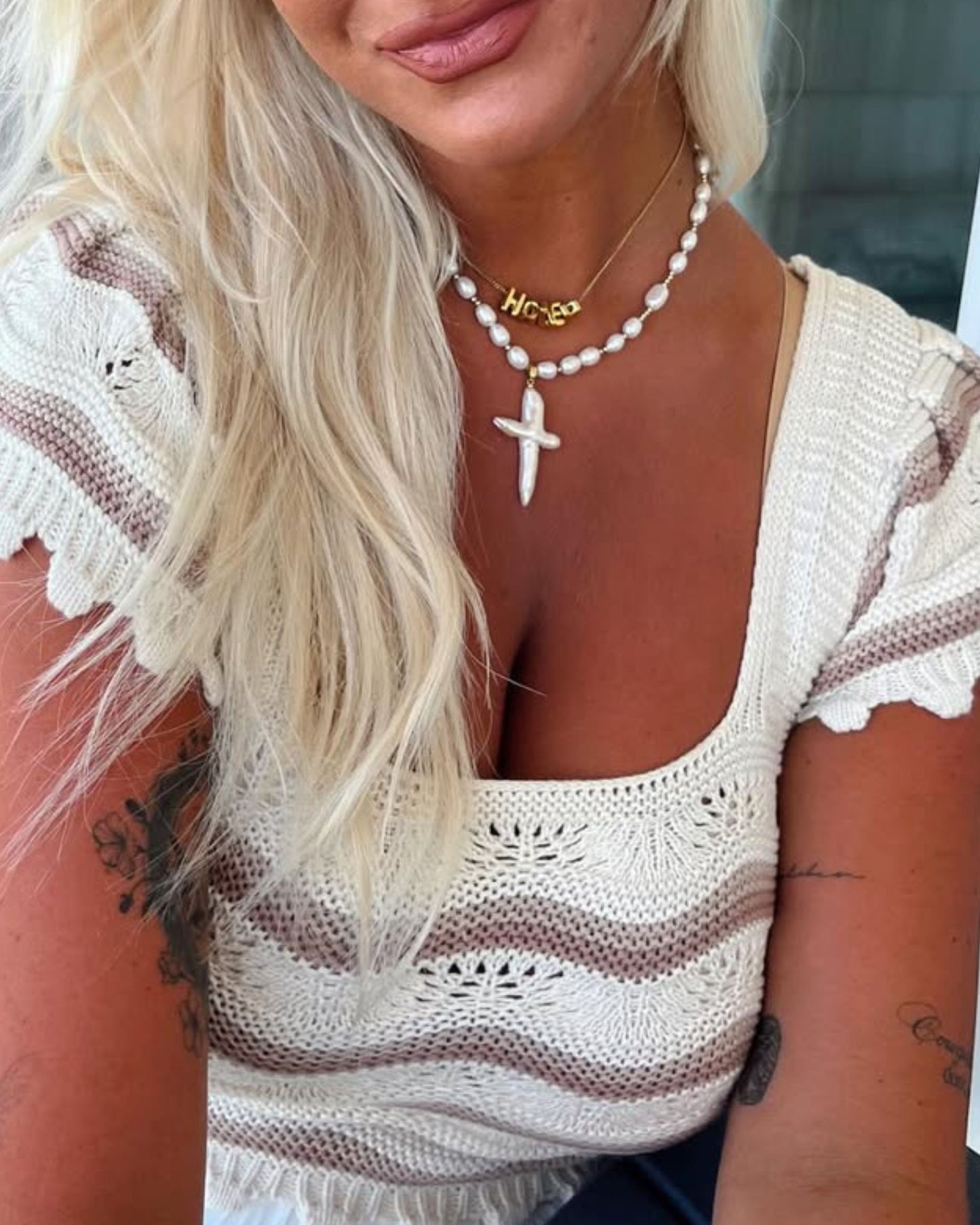 Gold Pearl Faith Cross Necklace