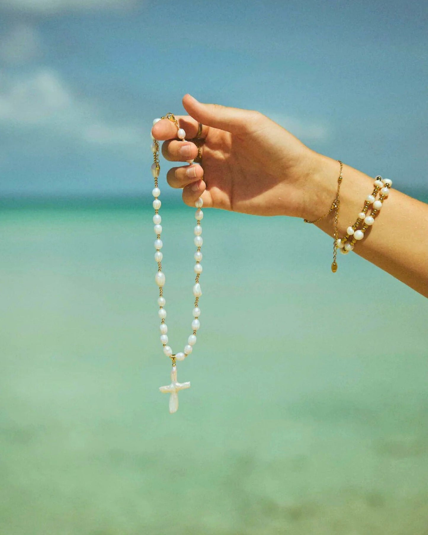 Gold Pearl Faith Cross Necklace