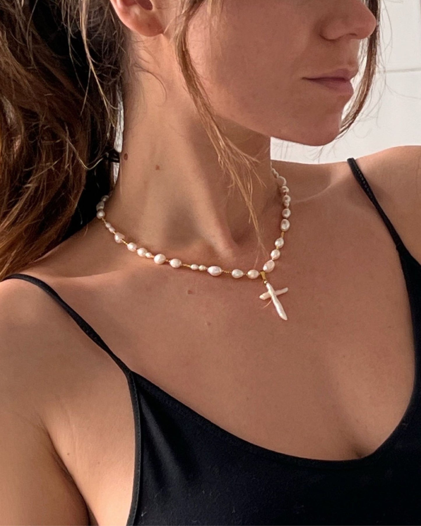 Gold Pearl Faith Cross Necklace