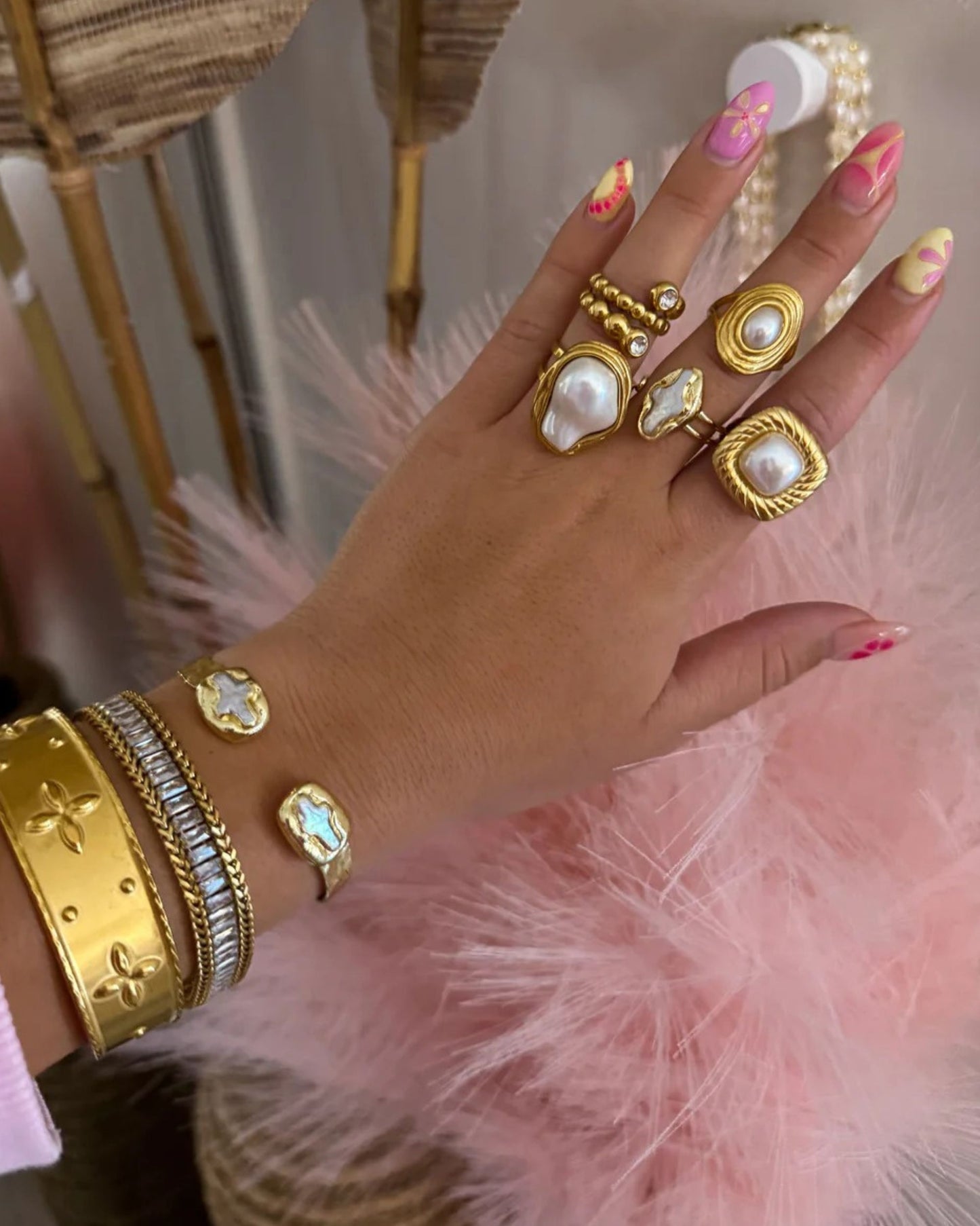 Gold Raw Pearl Cross Ring