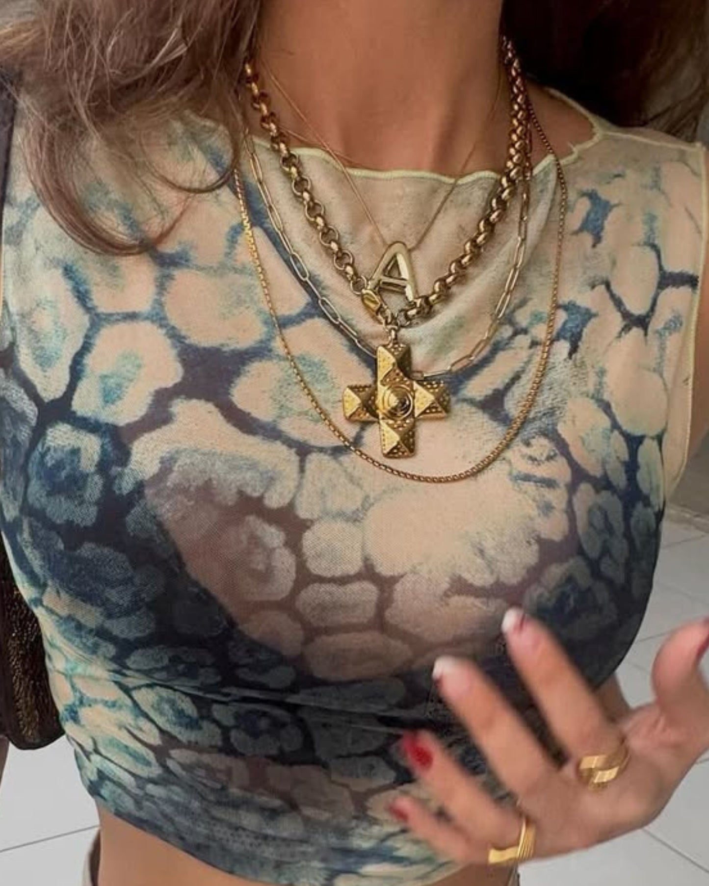 Gold Ripple Cross Necklace