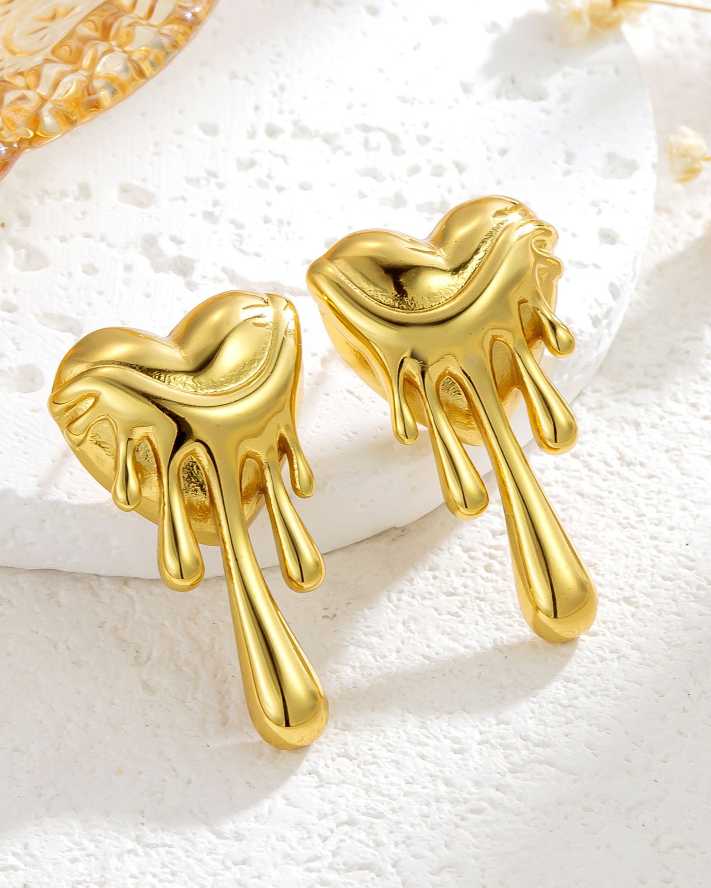 Gold Dripping Heart Stud Earrings