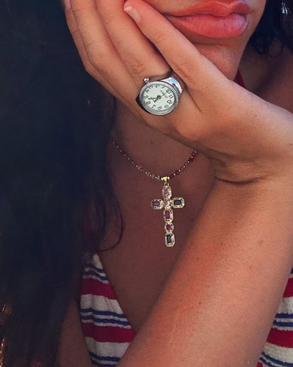 Gold Colorful Beaded Cross Pendant Necklace