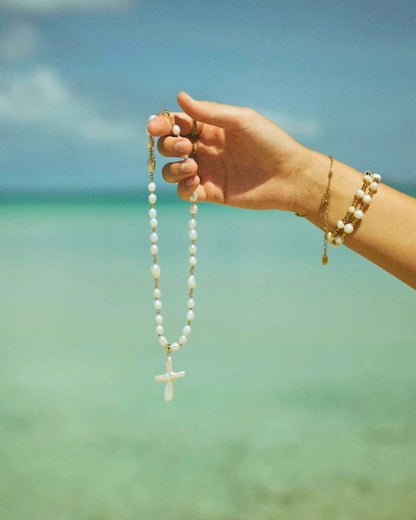 Gold Pearl Faith Cross Necklace